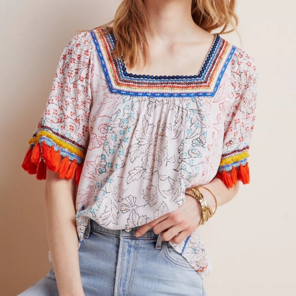 Maeve by Anthropologie Paolina Tasseled Blouse